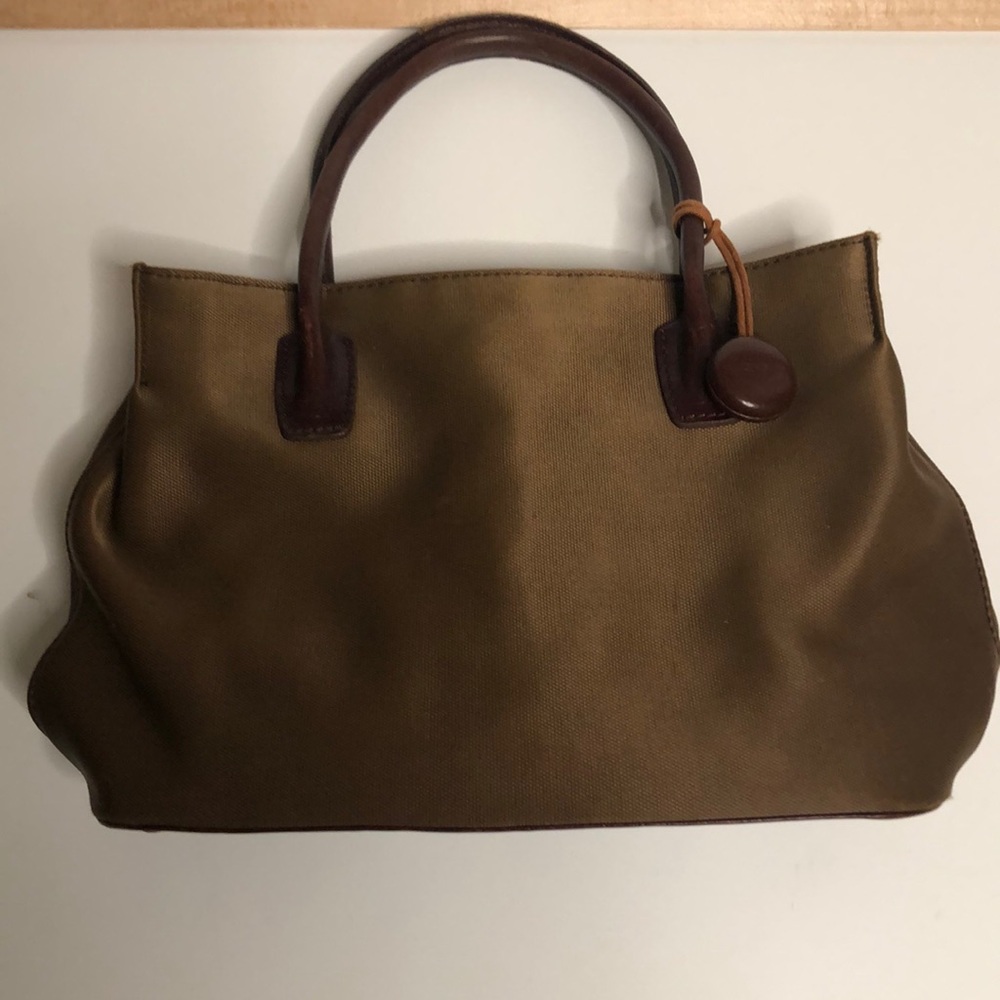 Vintage Monsac handbag. Golden brown sturdy fabric and leather handles.